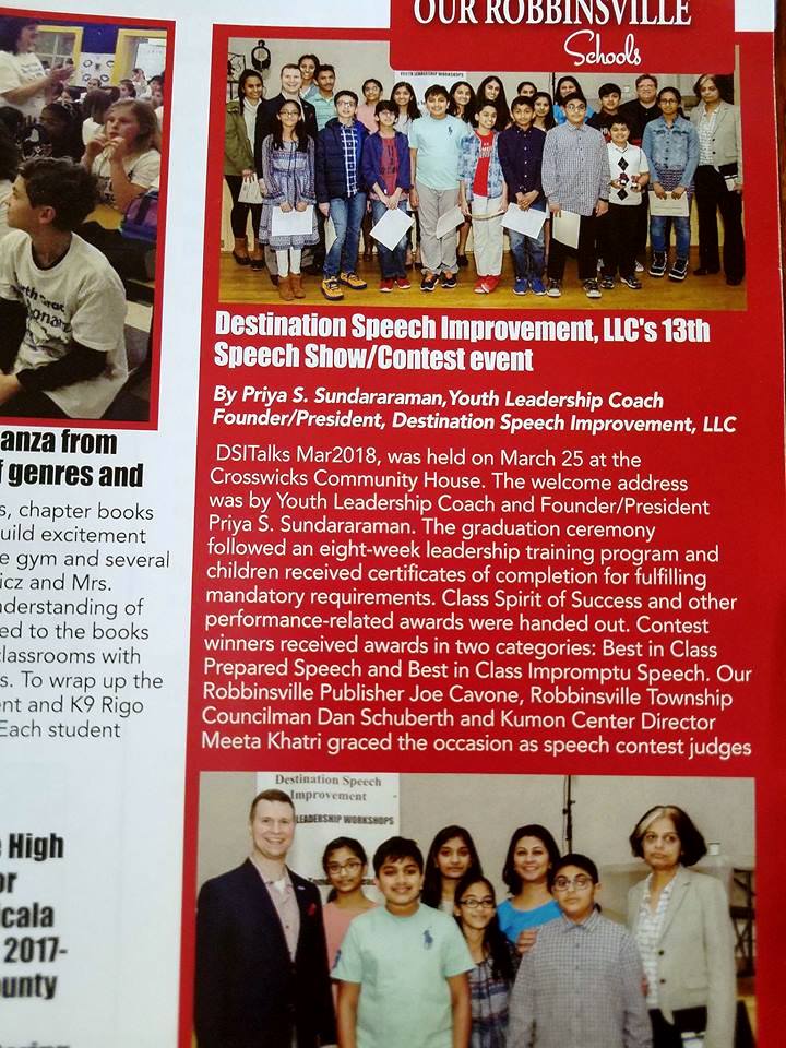 A printed Our Robbinsville Schools magazine page covering Destination Speech Improvement's 13th speech show and contest, illustrated with cohort photographs